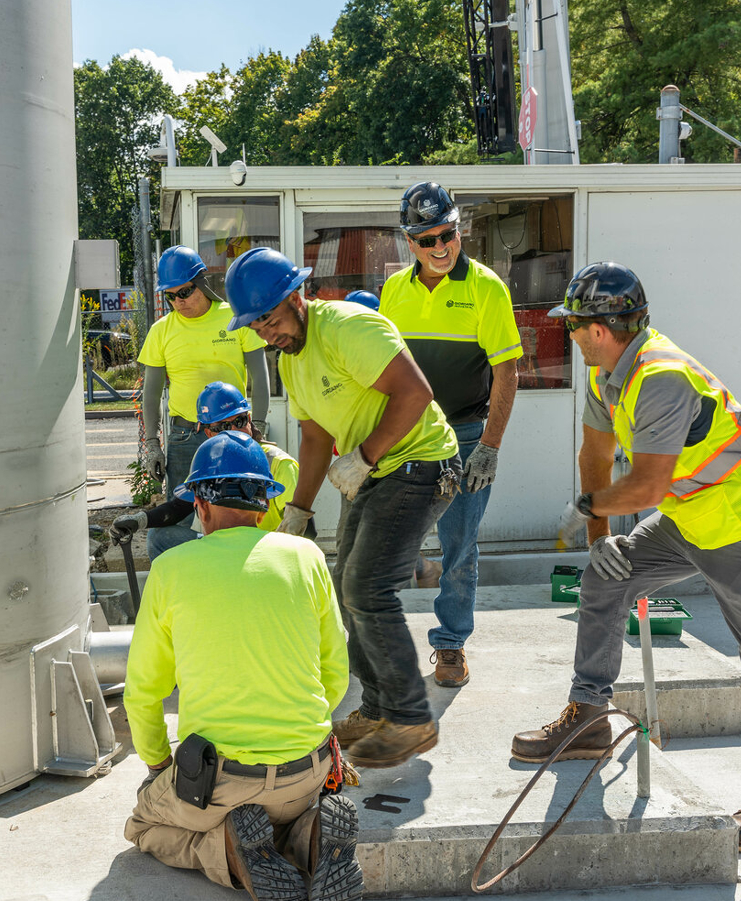 Giordano management and workers coordinate final leveling of a Flue Gas Scrubber tower on Sept. 26, carefully setting it on its foundation.